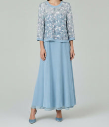 EMBROIDERED SHEER OVERLAY EVENING DRESS
