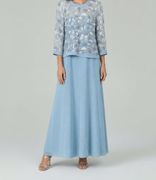 EMBROIDERED SHEER OVERLAY EVENING DRESS