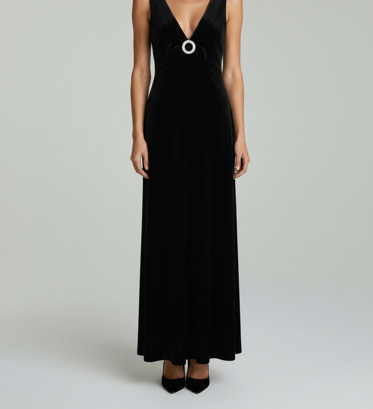 CRYSTAL-BUCKLE VELVET MAXI DRESS