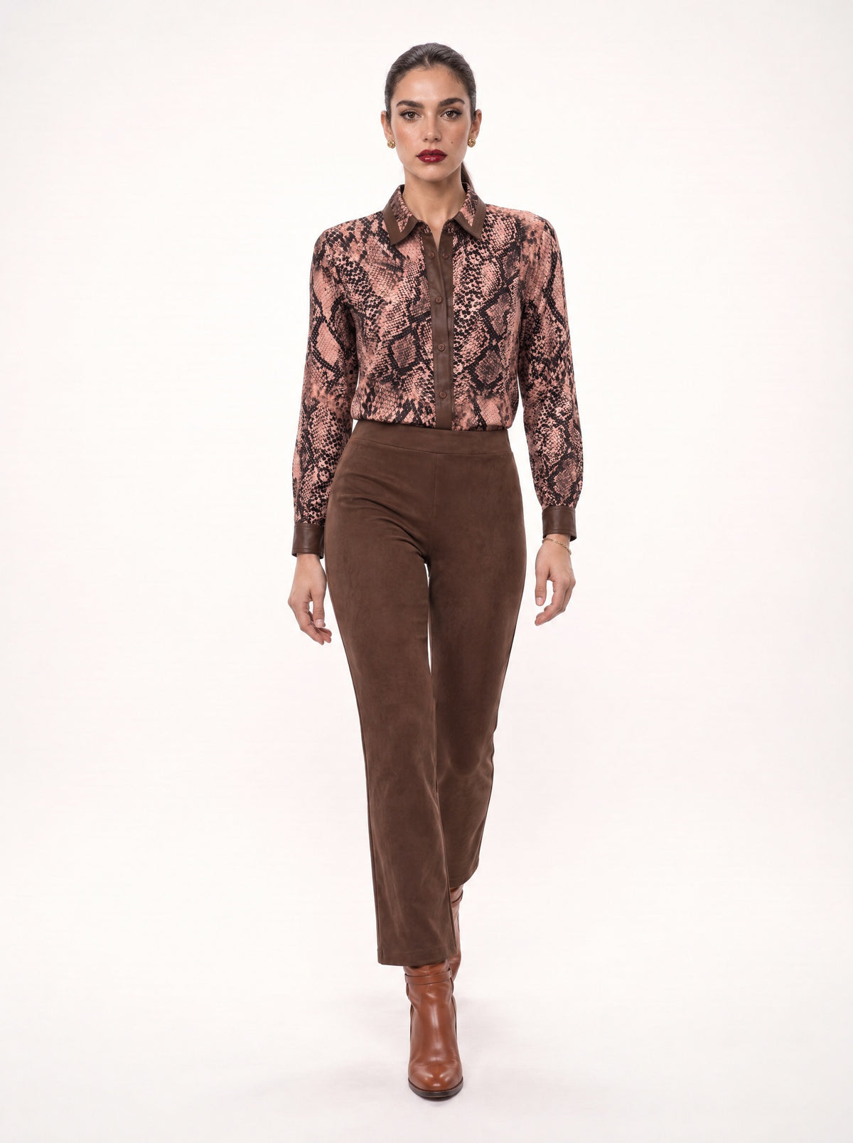 HIGH-WAISTED STRAIGHT SUEDE-LOOK TROUSERS