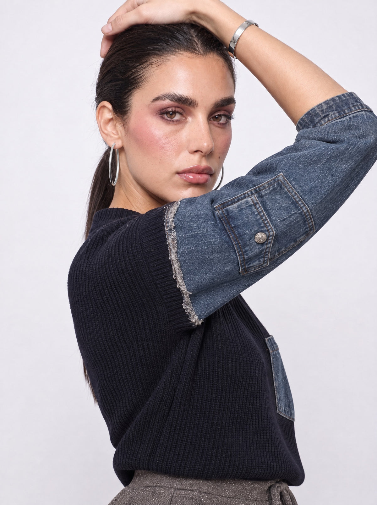 DENIM SLEEVE RIBBED KNIT SWEATER