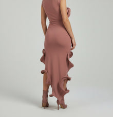 DRAPED SATIN COWL GOWN WITH SCULPTURAL RUFFLE TRAIN