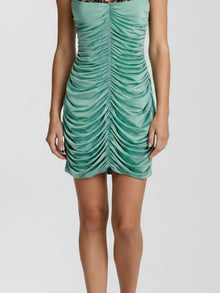 RUCHED SATIN LACE-TRIM MINI DRESS