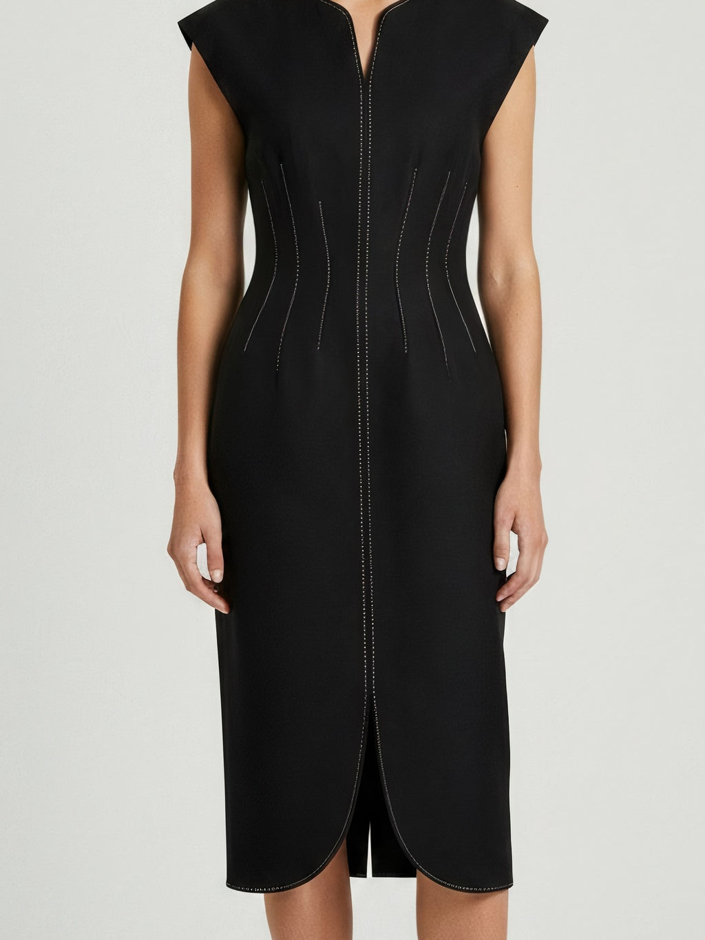 TOPSTITCH DETAIL V-NECK MIDI DRESS