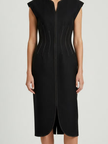 TOPSTITCH DETAIL V-NECK MIDI DRESS