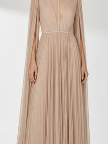 CRYSTAL-TRIM PLEATED CAPE SLEEVE GOWN