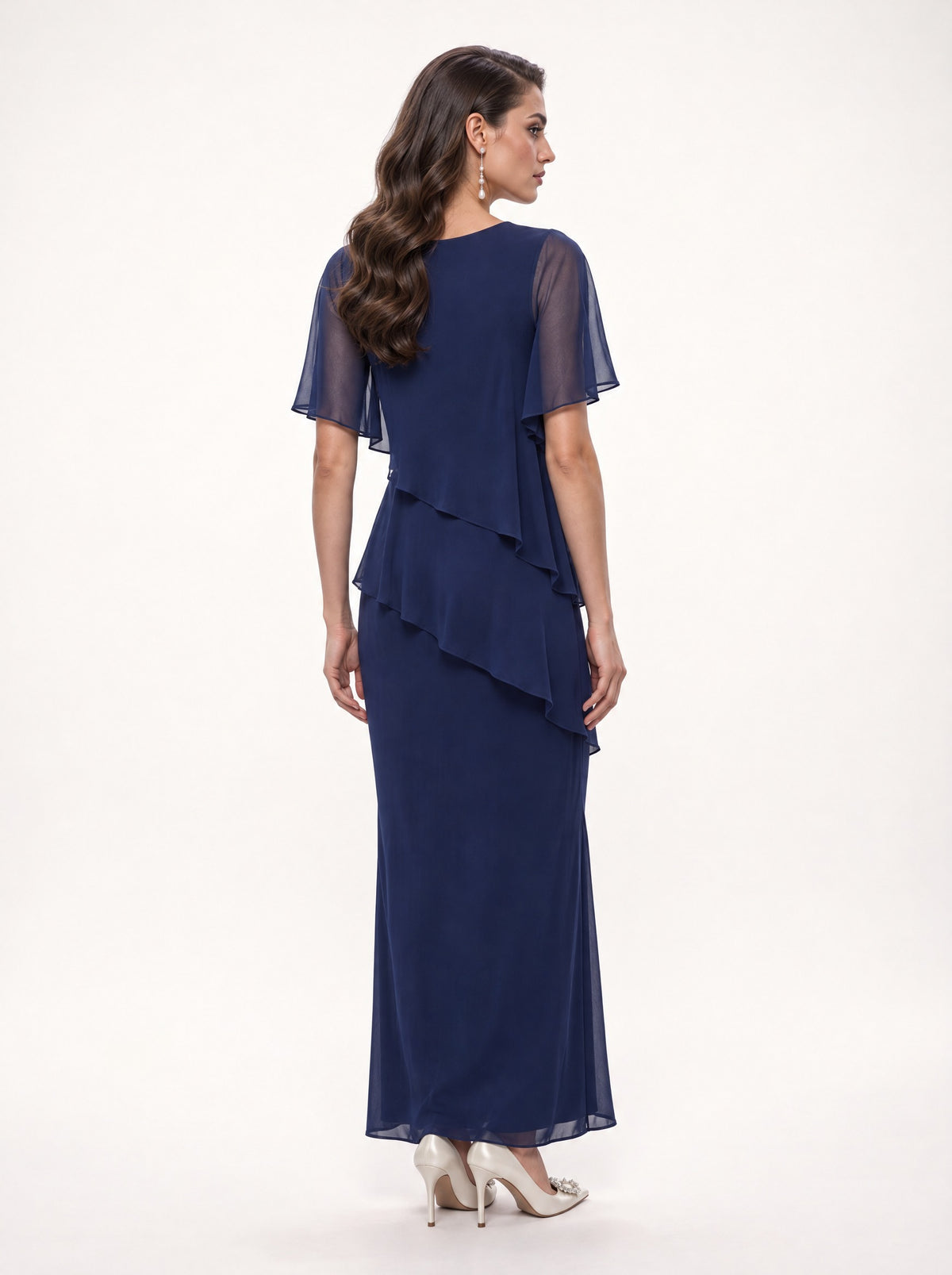 TIERED CHIFFON FLUTTER-SLEEVE MAXI DRESS