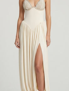 PEARL-BODICE DRAPED GOWN