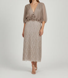 PLEATED BLOUSON LACE MIDI DRESS