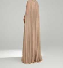 CRYSTAL-TRIM PLEATED CAPE SLEEVE GOWN