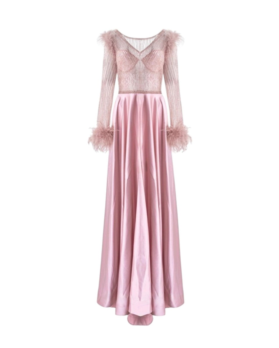 FEATHER TRIM SATIN GOWN