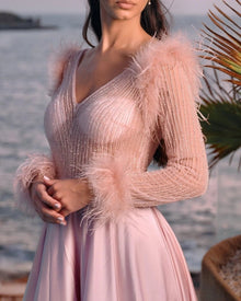 FEATHER TRIM SATIN GOWN