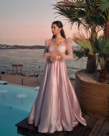 FEATHER TRIM SATIN GOWN
