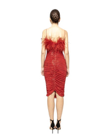 FEATHER TRIM SEQUIN RUCHED DRESS