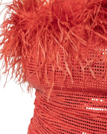 FEATHER TRIM SEQUIN RUCHED DRESS