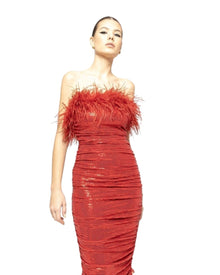 FEATHER TRIM SEQUIN RUCHED DRESS