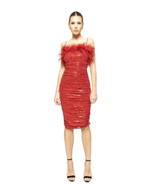 FEATHER TRIM SEQUIN RUCHED DRESS