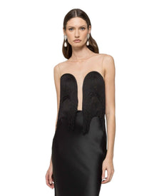 FRINGED SATIN LONG GOWN