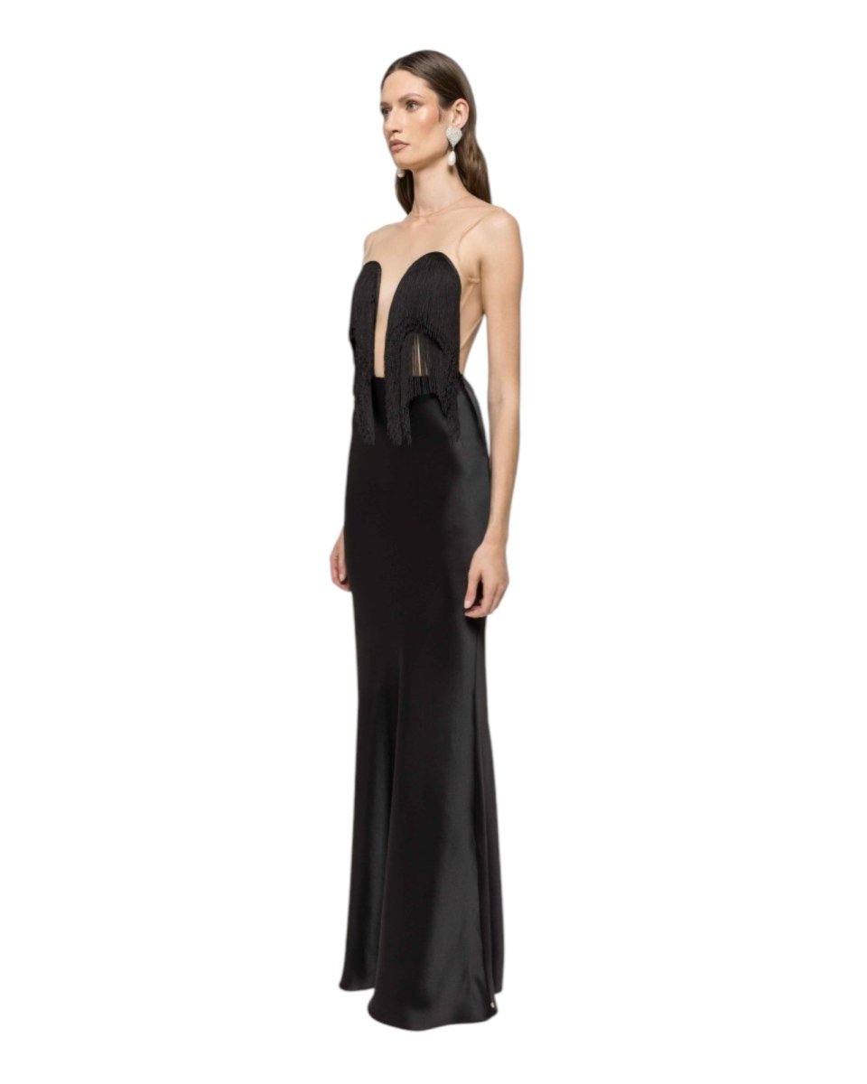 FRINGED SATIN LONG GOWN - Nakhle.Ets - Dresses