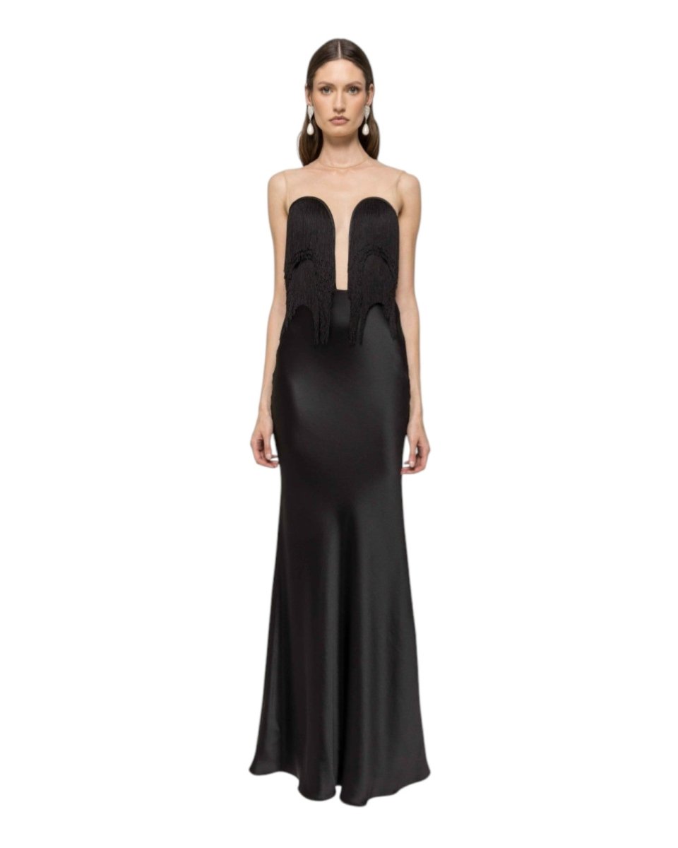 FRINGED SATIN LONG GOWN