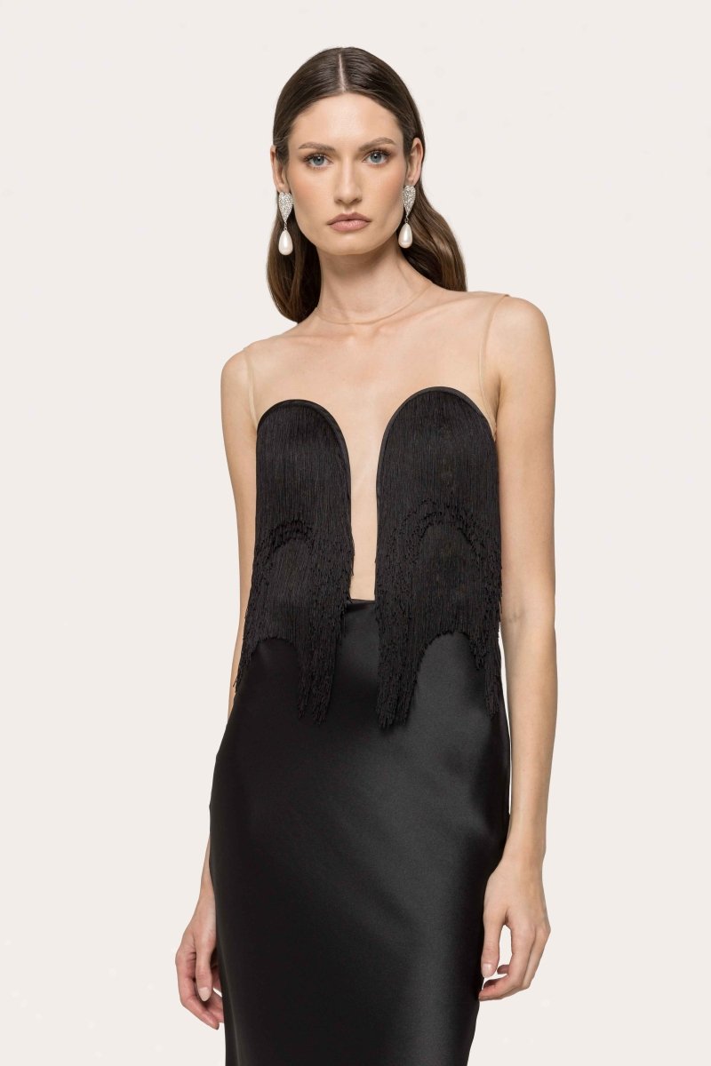 FRINGED SATIN LONG GOWN