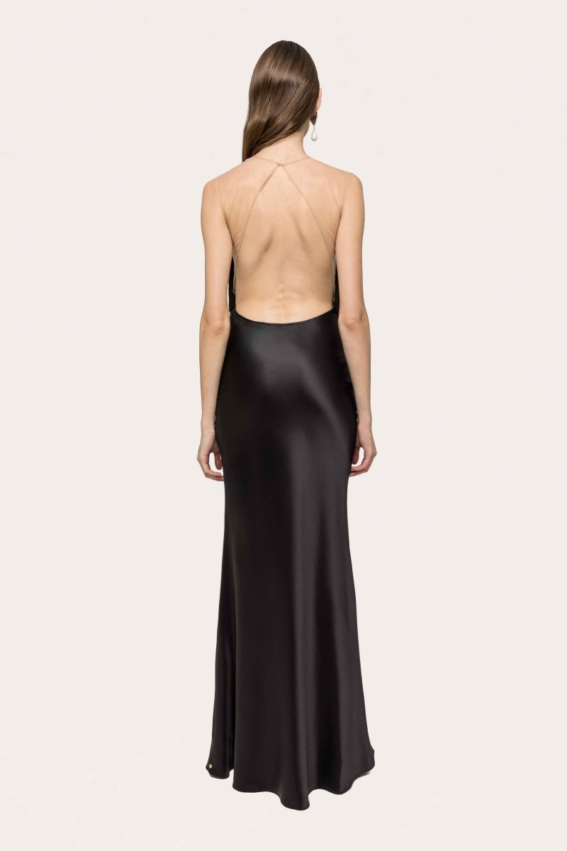 FRINGED SATIN LONG GOWN