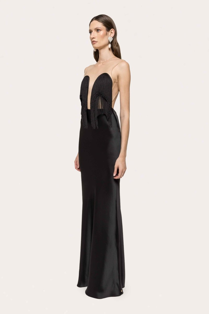 FRINGED SATIN LONG GOWN
