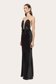 FRINGED SATIN LONG GOWN