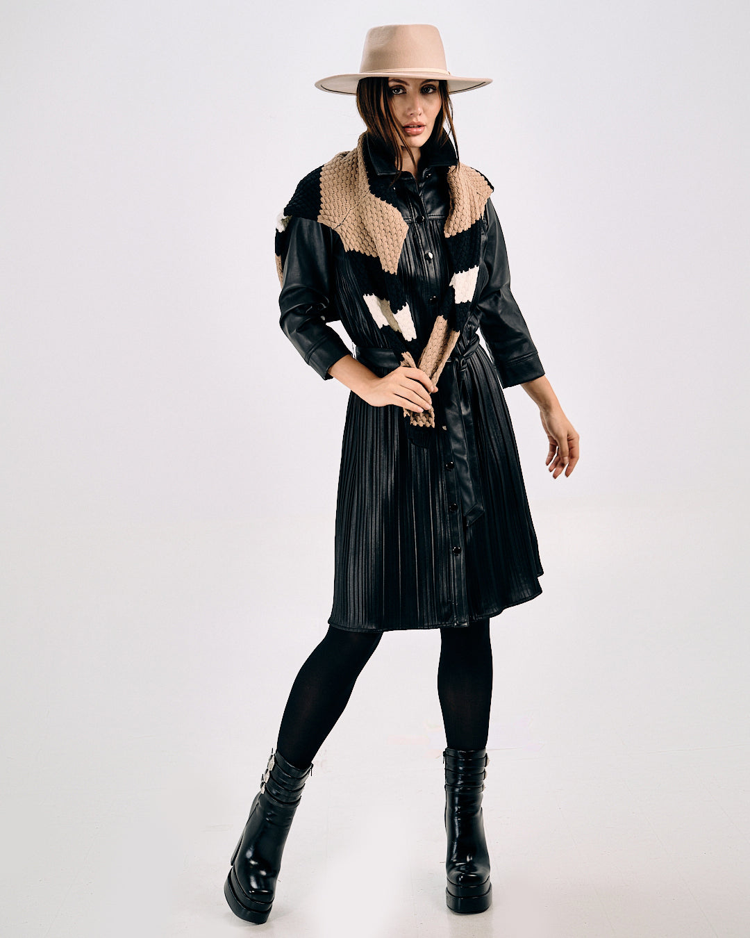 PLEATED FAUX LEATHER SHIRT DRESS