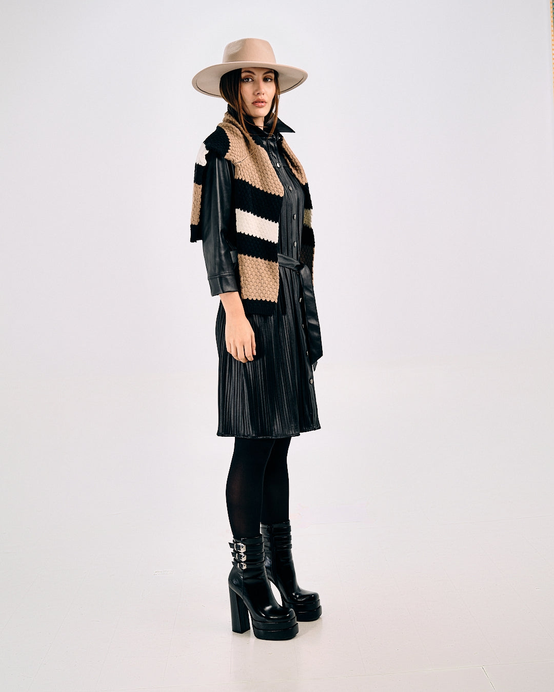 PLEATED FAUX LEATHER SHIRT DRESS