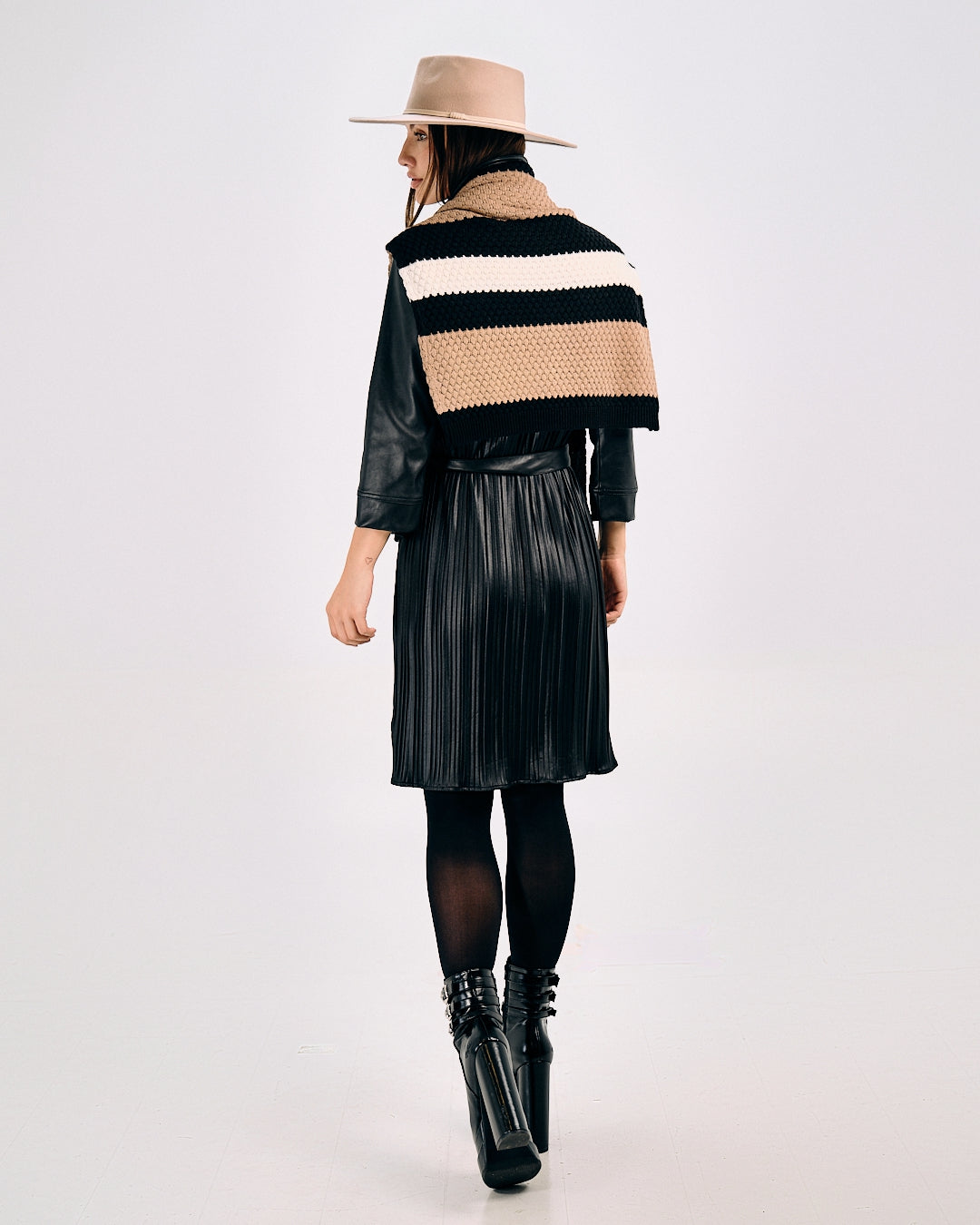 PLEATED FAUX LEATHER SHIRT DRESS