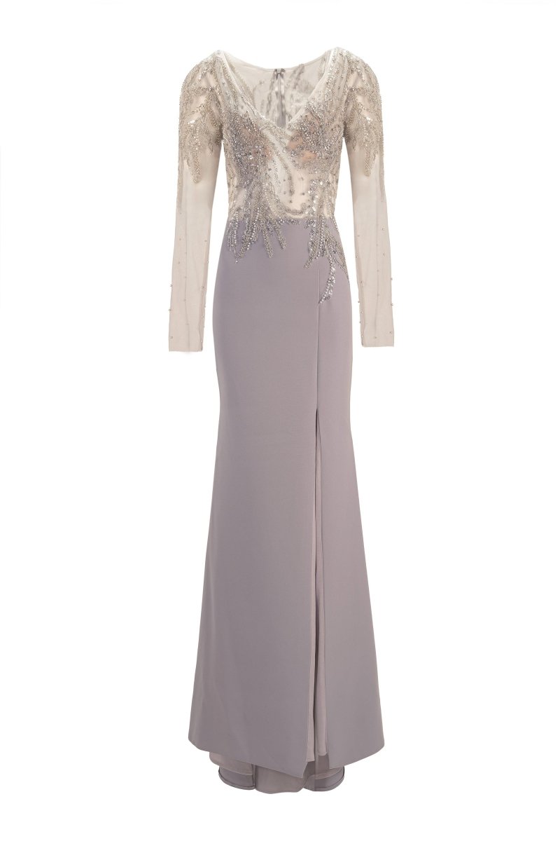 ILLUSION EMBROIDERED LONG - SLEEVE GOWN - Nakhle.Ets - Dresses