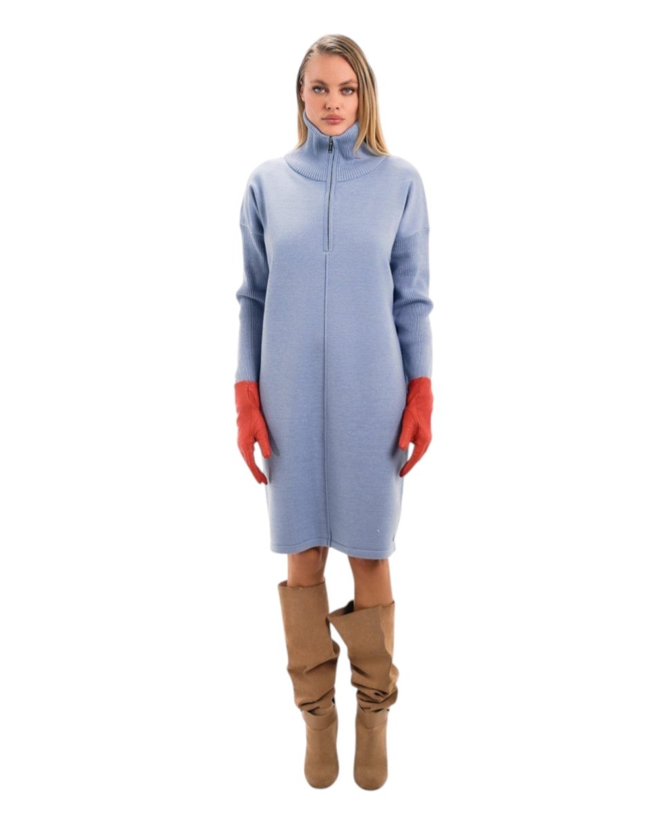KNIT ZIP-UP LONG DRESS WITH COLLAR