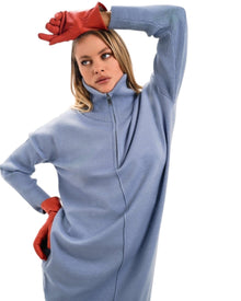 KNIT ZIP-UP LONG DRESS WITH COLLAR