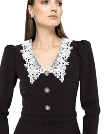LACE COLLAR MIDI DRESS WITH CRYSTAL BUTTONS