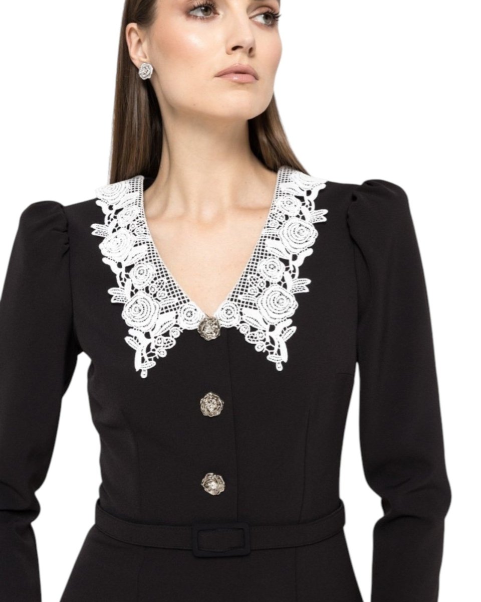 LACE COLLAR MIDI DRESS WITH CRYSTAL BUTTONS - Nakhle.Ets - Dresses