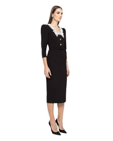 LACE COLLAR MIDI DRESS WITH CRYSTAL BUTTONS