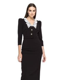 LACE COLLAR MIDI DRESS WITH CRYSTAL BUTTONS