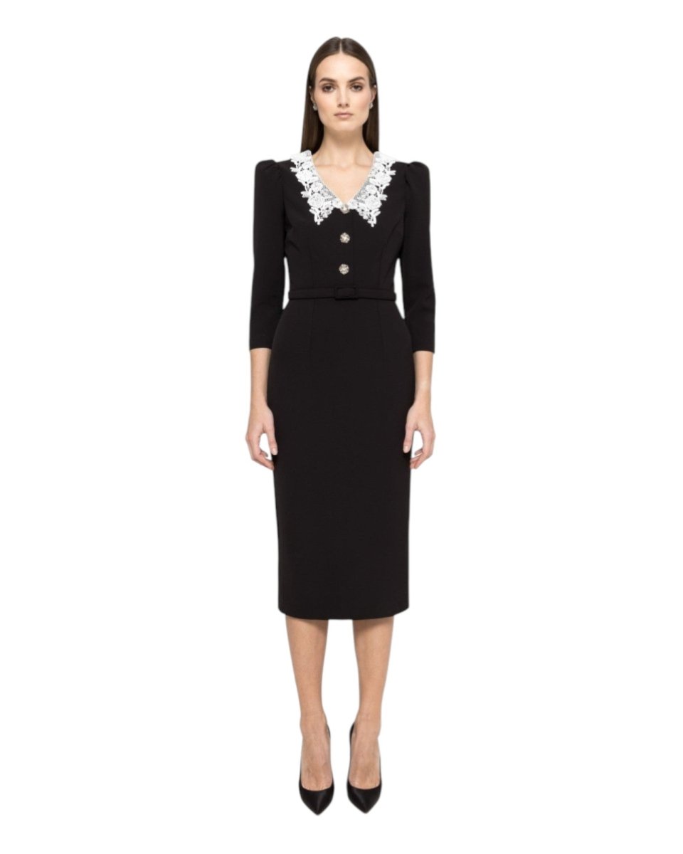 LACE COLLAR MIDI DRESS WITH CRYSTAL BUTTONS