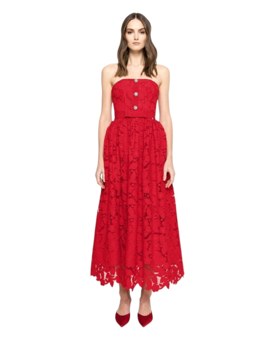 LACE MAXI DRESS WITH CRYSTAL BUTTONS