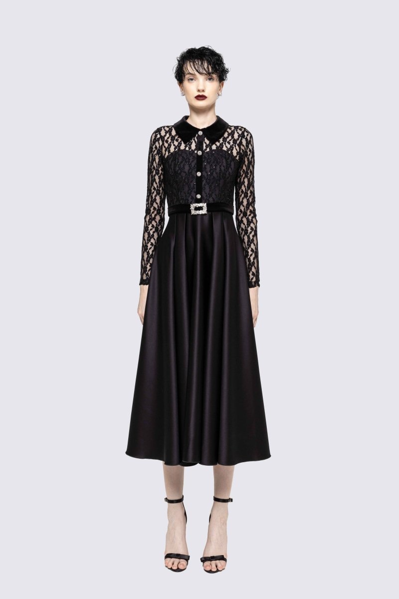 LACE SATIN MIDI DRESS