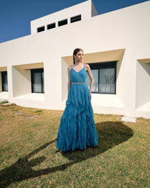 LAYERED RUFFLE EVENING GOWN