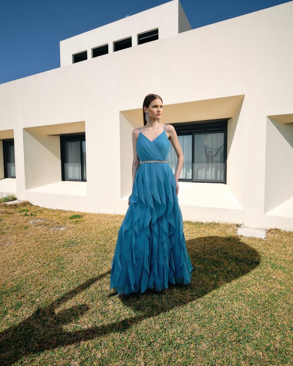 LAYERED RUFFLE EVENING GOWN