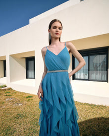 LAYERED RUFFLE EVENING GOWN