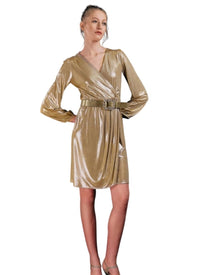 METALLIC DRAPED BELTED DRESS