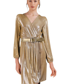 METALLIC DRAPED BELTED DRESS
