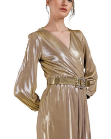 METALLIC DRAPED BELTED DRESS