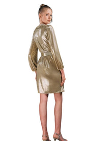 METALLIC DRAPED BELTED DRESS
