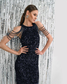 NAVY BEADED FRINGE DRESS