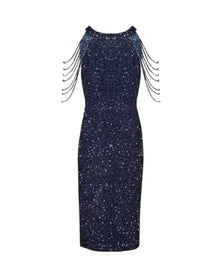 NAVY BEADED FRINGE DRESS